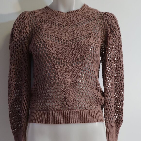 Women Chufy Gone Jammin Mauve Semi-Sheer Puff Sleeve Open Knit Sweater XS - Picture 2 of 9